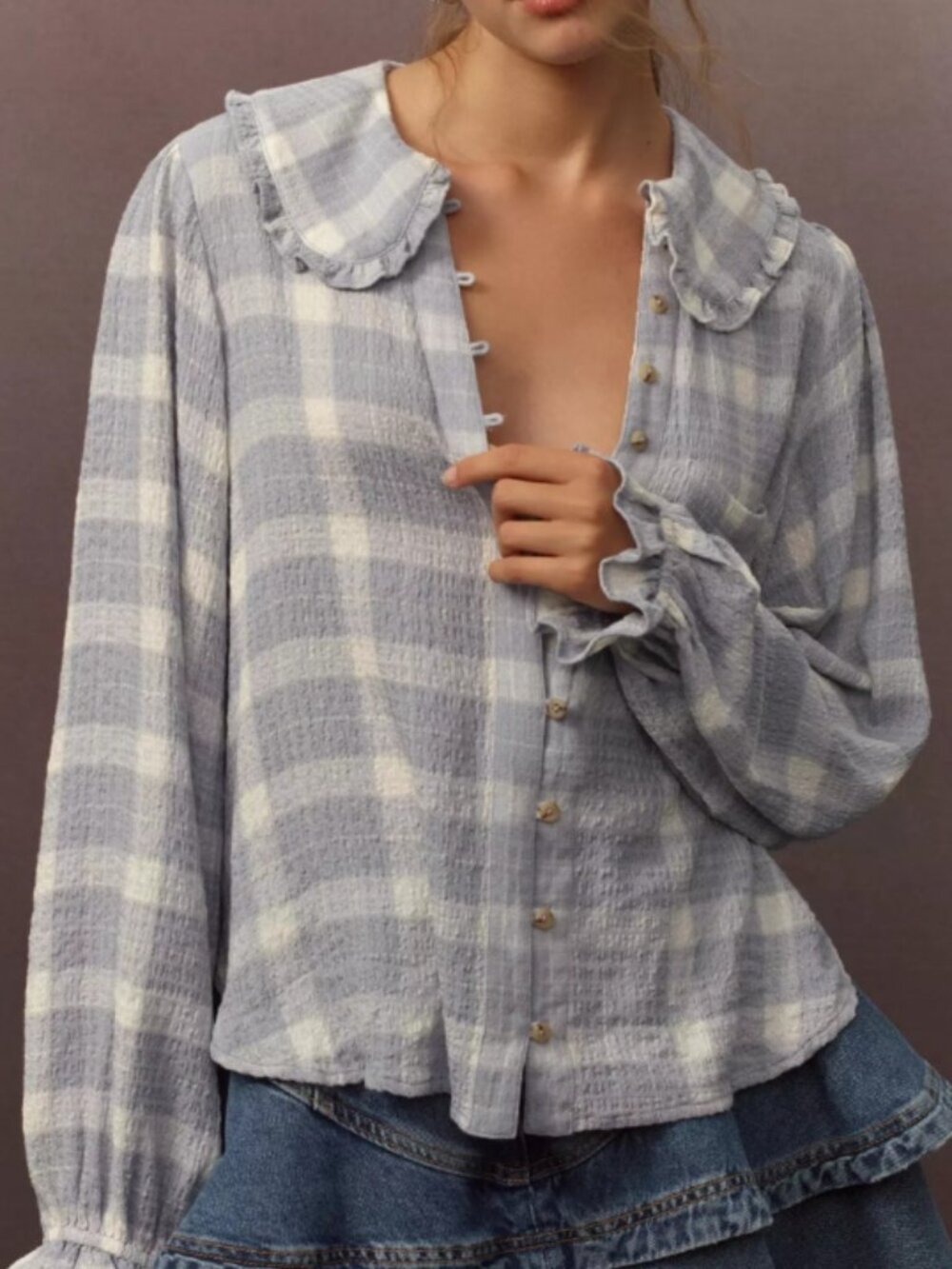 Pilcro Anthropologie Keira Long-Sleeve Plaid Blouse Cottagecore Prairie Sz XXS